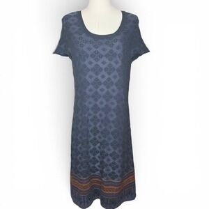 Peruvian Connection Cotton Blue Geometric Knit Scoop Neck Shift Midi Dress L